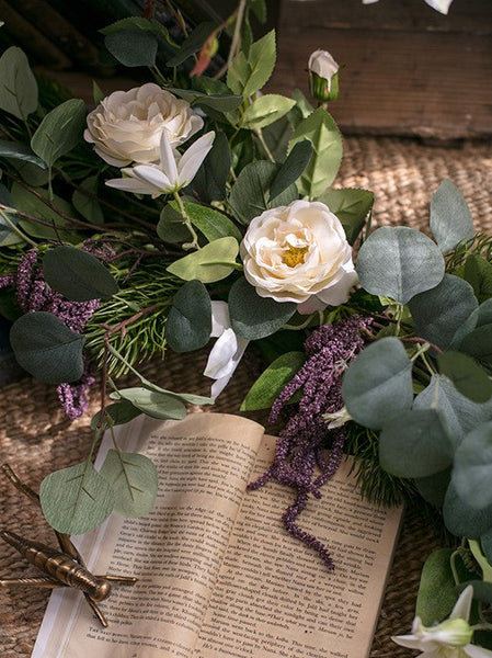 Eucalyptus Globulus, Clematis, White Rose Flowers, Unique Flower Arrangement for Home Decoration, Beautiful Modern Artificial Flowers for Dining Room Table-LargePaintingArt.com