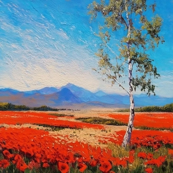 Red Poppy Field Birch Tree Landscape Painting, Simple Small Canvas Paintings, Original Small Landscape Paintings, Heavy Texture Canvas Art, Palette Knife Paintings, Easy Landscape Painting Ideas-LargePaintingArt.com