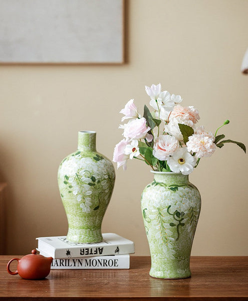 Large Flower Vases on Table, Green Porcelain Flower Vases, Centerpiece Ceramic Bud Vases, Handmade Water Holding Flower Vase-LargePaintingArt.com