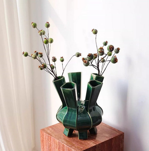 Unique Handmade Modern Flower Vase, Centerpiece Ceramic Bouquet Vases, Contemporary Vases on Dining Table, Green Porcelain Vases for Modern Home Decor-LargePaintingArt.com