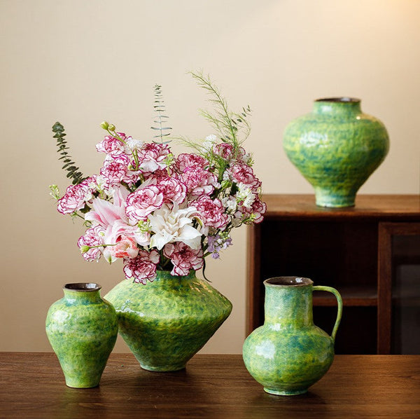 Centerpiece on Dining Table, Modern Pottery Flower Vases, Handmade Water Holding Flower Vases, Pottery Bud Vases, Large Green Flower Vases on Table-LargePaintingArt.com