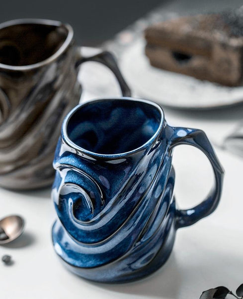 Blue Ceramic Coffee Mug, Stoneware Coffee Mugs, Large Capacity Coffee Cups, Birthday Gifts, Handmade Pottery Coffee Mug-LargePaintingArt.com