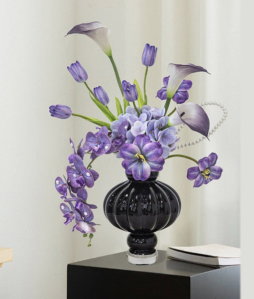 Black Glaze Vase, Contemporary Vases for Modern Home Decor, Black Glass Bud Vases, Handmade Liuli Vases, Centerpiece Vases on Table-LargePaintingArt.com