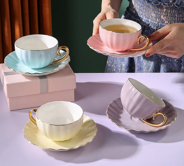 French Style Tea Cups and Saucers in Gift Box as Birthday Gift, Elegant Macaroon Ceramic Coffee Cups, Creative Bone China Porcelain Tea Cup Set, Beautiful British Tea Cups-LargePaintingArt.com