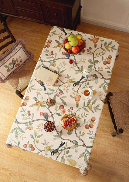 Tablecloth for Round Table, Simple Modern Rectangle Tablecloth Ideas for Oval Table, Bird and Fruit Tree Kitchen Table Cover, Linen Table Cover for Dining Room Table-LargePaintingArt.com