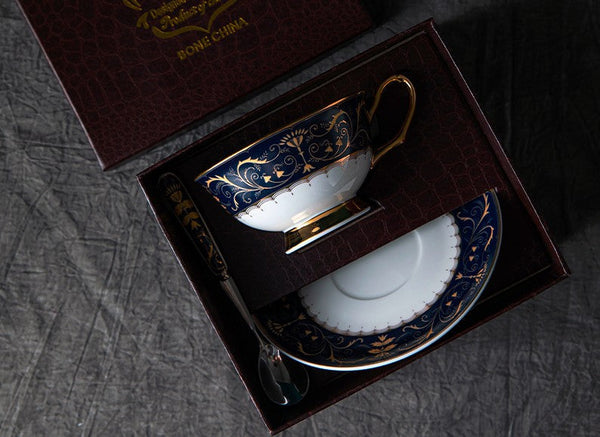Unique Blue Tea Cup and Saucer in Gift Box, Blue Porcelain Tea Cup Saucer Set, Royal Ceramic Cups, Elegant Ceramic Coffee Cups-LargePaintingArt.com