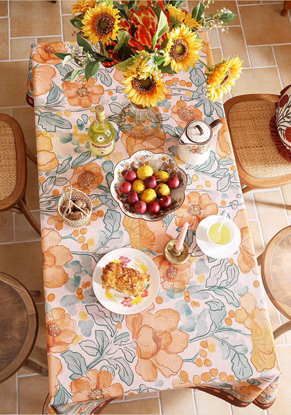 Spring Flower Tablecloth for Round Table, Modern Kitchen Table Cover, Linen Table Cover for Dining Room Table, Simple Modern Rectangle Tablecloth Ideas for Oval Table-LargePaintingArt.com