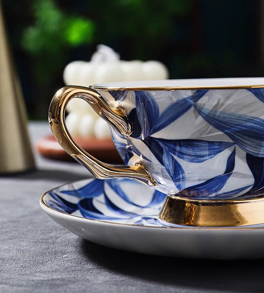 Unique British Tea Cup and Saucer in Gift Box, Blue Porcelain Tea Cup Saucer Set, 7.4 oz British Ceramic Coffee Cups-LargePaintingArt.com