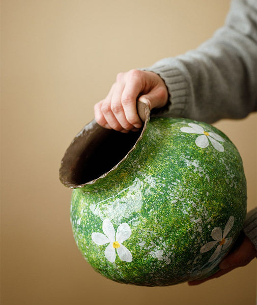 Centerpiece on Dining Table, Handmade Water Holding Flower Vases, Modern Pottery Flower Vases, Pottery Bud Vases, Large Green Flower Vases on Table-LargePaintingArt.com