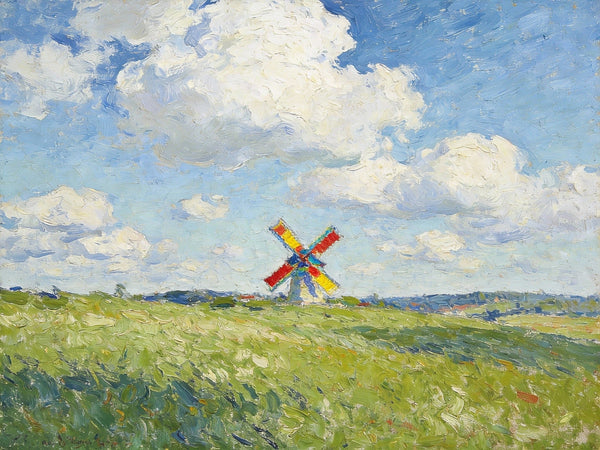 Windmills on the Green Under an Open Sky, Small Oil Paintings on Canvas, Hand Painted Canvas Art,Heavy Texture Artwork, Original Oil Paintings, Small Landscape Paintings-LargePaintingArt.com