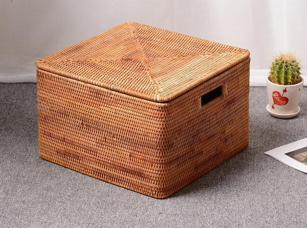 Rectangular Storage Basket with Lid, Rattan Storage Baskets for Shelves, Kitchen Storage Baskets, Storage Baskets for Clothes, Laundry Woven Baskets-LargePaintingArt.com