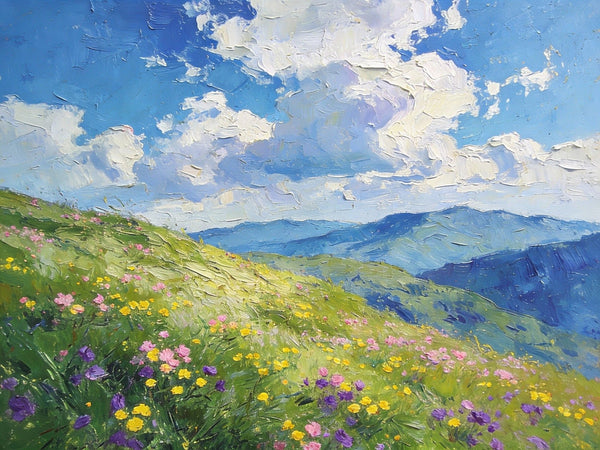 Small Canvas Art, Mountainous Landscape with Blossoming Meadows, Original Wall Paintings, On Canvas Small Paintings, Original Artwork Small Paintings, Small Landscape Paintings-LargePaintingArt.com