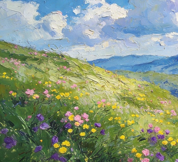 Small Canvas Art, Mountainous Landscape with Blossoming Meadows, Original Wall Paintings, On Canvas Small Paintings, Original Artwork Small Paintings, Small Landscape Paintings-LargePaintingArt.com