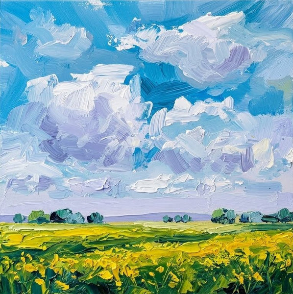 Original Landscape Paintings, Flowering Wilderness Beneath the Clouds, Hand Painted Canvas Art, Heavy Texture Painting, Miniature Canvas Art