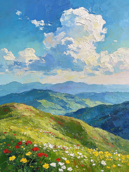 Original Small Paintings, A Flowering Hillside Under an Azure Sky, Small Oil Paintings, Small Wall Paintings, Landscape Artwork Canvas Paintings-LargePaintingArt.com