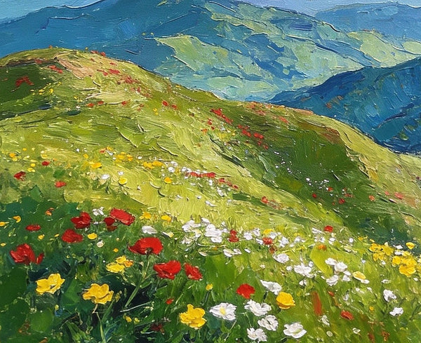 Original Small Paintings, A Flowering Hillside Under an Azure Sky, Small Oil Paintings, Small Wall Paintings, Landscape Artwork Canvas Paintings-LargePaintingArt.com