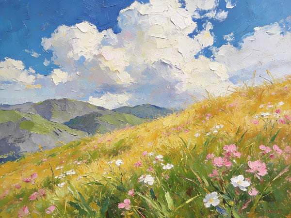 Hand Painted Canvas Art, A Verdant Hillside Under a Vast Blue Sky, Original Wall Paintings, Original Artwork Small Paintings, Small Landscape Paintings, On Canvas Small Wall Paintings-LargePaintingArt.com