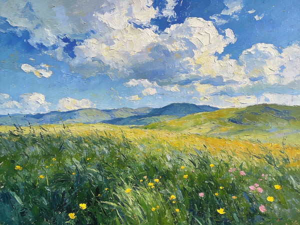 Where the Green Slope Meets the Drifting Clouds, Hand Painted Canvas Art, Small Landscape Paintings, Original Oil Paintings, Small Paintings As Birthday Gift, Small Paintings on Canvas-LargePaintingArt.com