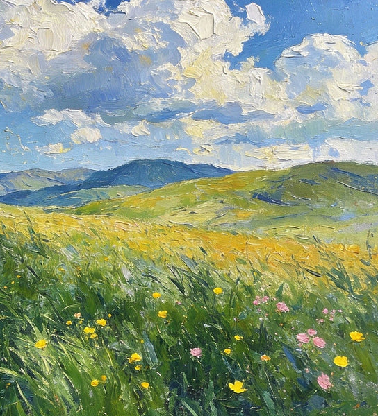 Where the Green Slope Meets the Drifting Clouds, Hand Painted Canvas Art, Small Landscape Paintings, Original Oil Paintings, Small Paintings As Birthday Gift, Small Paintings on Canvas-LargePaintingArt.com