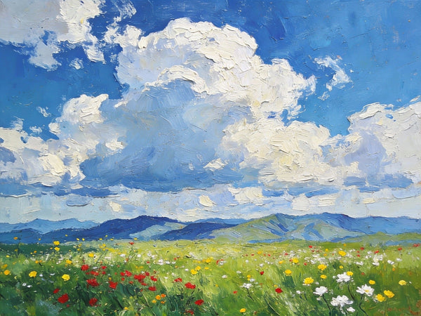Wildflower Hills and Azure Sky, Hand Painted Canvas Art, Heavy Texture Wall Art Paintings, On Canvas Small Paintings, Original Oil Paintings, Small Landscape Paintings-LargePaintingArt.com