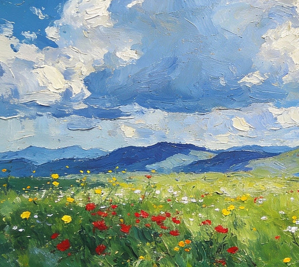 Wildflower Hills and Azure Sky, Hand Painted Canvas Art, Heavy Texture Wall Art Paintings, On Canvas Small Paintings, Original Oil Paintings, Small Landscape Paintings-LargePaintingArt.com