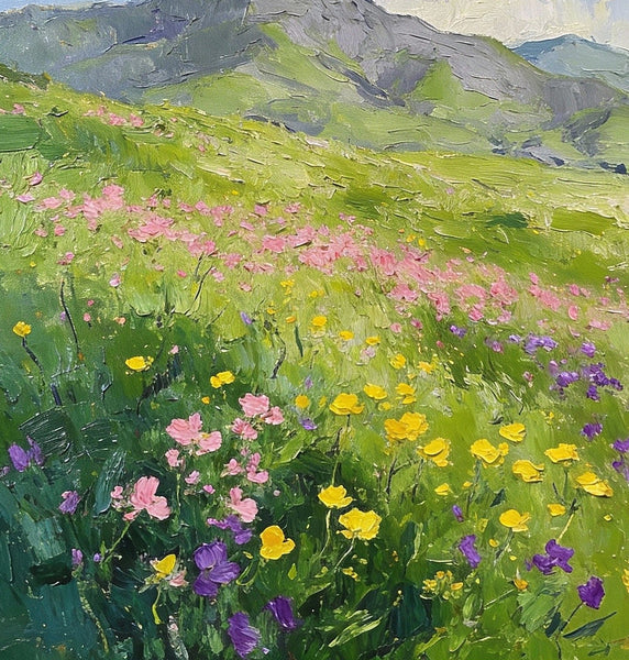 Small Oil Paintings, Mountain Meadow in Bloom, A Lush Floral Landscape, Original Small Paintings, Landscape Artwork Small Paintings, Small Wall Paintings-LargePaintingArt.com