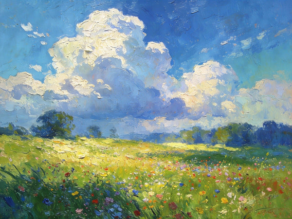 Valley in Bloom, Sunlight, Clouds, and Colorful Flora, Small Oil Paintings on Canvas, Hand Painted Canvas Art, Heavy Texture Oil Paintings, Original Artwork Small Paintings, Small Wall Paintings-LargePaintingArt.com