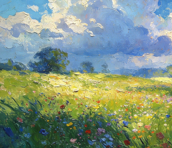 Valley in Bloom, Sunlight, Clouds, and Colorful Flora, Small Oil Paintings on Canvas, Hand Painted Canvas Art, Heavy Texture Oil Paintings, Original Artwork Small Paintings, Small Wall Paintings-LargePaintingArt.com