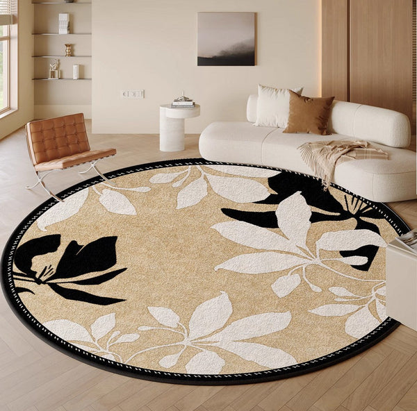 Contemporary Modern Rugs, Flower Pattern Circular Modern Rugs under Chairs, Geometric Round Rugs for Dining Room, Bedroom Abstract Modern Area Rugs-LargePaintingArt.com