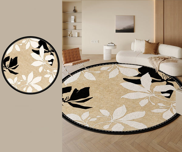 Contemporary Modern Rugs, Flower Pattern Circular Modern Rugs under Chairs, Geometric Round Rugs for Dining Room, Bedroom Abstract Modern Area Rugs-LargePaintingArt.com
