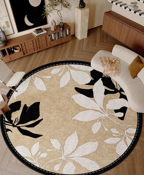 Contemporary Modern Rugs, Flower Pattern Circular Modern Rugs under Chairs, Geometric Round Rugs for Dining Room, Bedroom Abstract Modern Area Rugs-LargePaintingArt.com