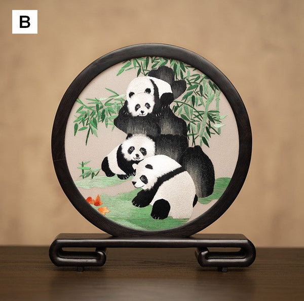 Unique Birthday Gift, Exclusive Business Present Panda Embroidered Decor, Traditional Chinese Suzhou Embroidery Ornament, Premium Souvenir-LargePaintingArt.com