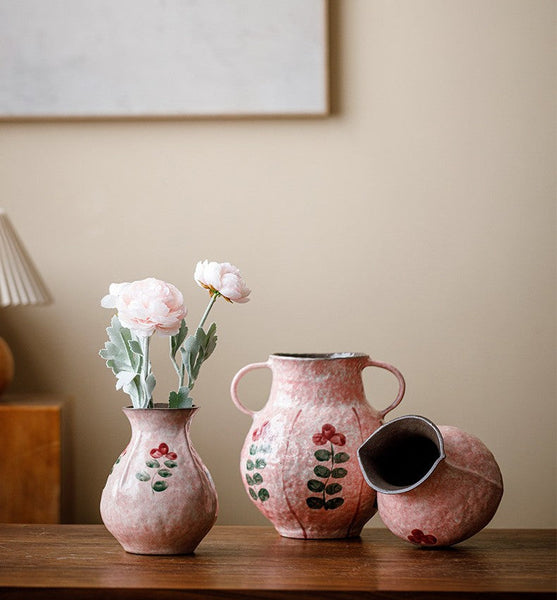 Rustic Pottery Flower Vases, Small Flower Vases on Table, Pink Bud Vases, Handmade Water Holding Flower Vases-LargePaintingArt.com
