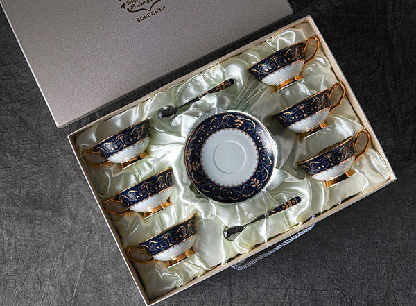 Porcelain Tea Cup Sucer Set, Unique Blue Tea Cup and Saucer in Gift Box, Royal Ceramic Cups, Elegant Ceramic Coffee Cups-LargePaintingArt.com
