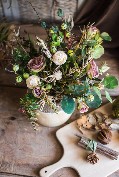 Eucalyptus leaves, Rose, Ranunculus Asiaticus Flowers, Beautiful Modern Flower Arrangement for Living Room, Ctreative Artificial Floral for Home Decoration-LargePaintingArt.com