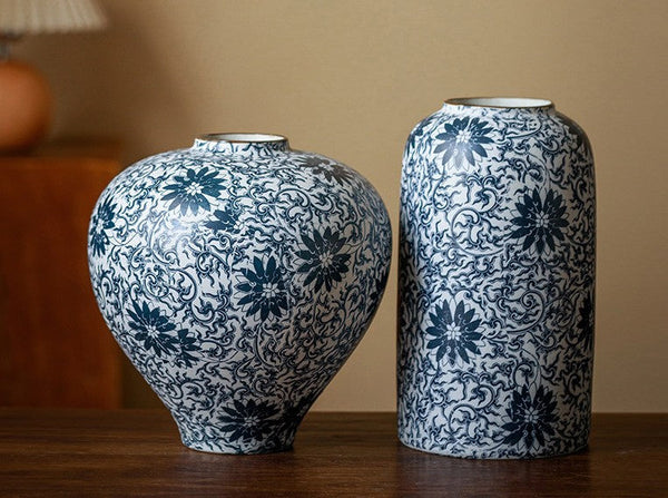 Centerpiece on Dining Table, Large Blue Flower Vase on Table, Vintage Bouquet Flower Vases, Handmade Porcelain Flower Vases Urn, Water Holding Flower Vases-LargePaintingArt.com