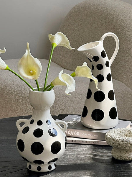 Ceramic Bud Vases, Small Flower Vases on Table, Black and White Polka Dot Flower Vase, Modern Porcelain Flower Vases, Handmade Water Holding Flower Vases-LargePaintingArt.com