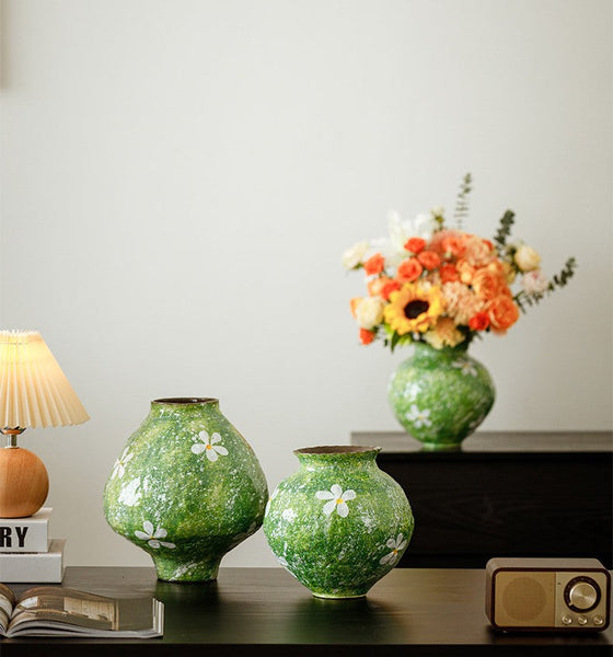 Centerpiece on Dining Table, Handmade Water Holding Flower Vases, Modern Pottery Flower Vases, Pottery Bud Vases, Large Green Flower Vases on Table-LargePaintingArt.com