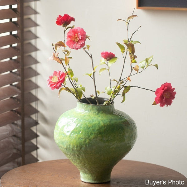 Modern Pottery Flower Vases, Handmade Water Holding Flower Vases, Pottery Bud Vases, Large Green Flower Vases on Table, Centerpiece on Dining Table-LargePaintingArt.com