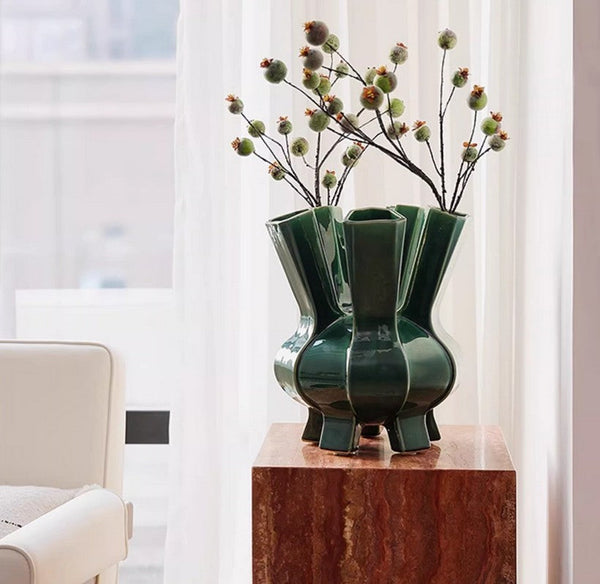 Centerpiece Ceramic Bouquet Vases, Contemporary Vases on Dining Table, Green Porcelain Vases for Modern Home Decor, Unique Handmade Modern Flower Vase-LargePaintingArt.com