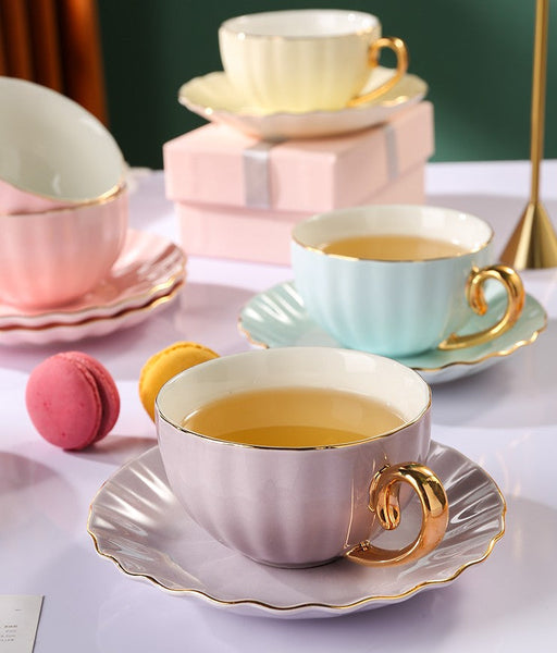 French Style Tea Cups and Saucers in Gift Box as Birthday Gift, Elegant Macaroon Ceramic Coffee Cups, Creative Bone China Porcelain Tea Cup Set, Beautiful British Tea Cups-LargePaintingArt.com
