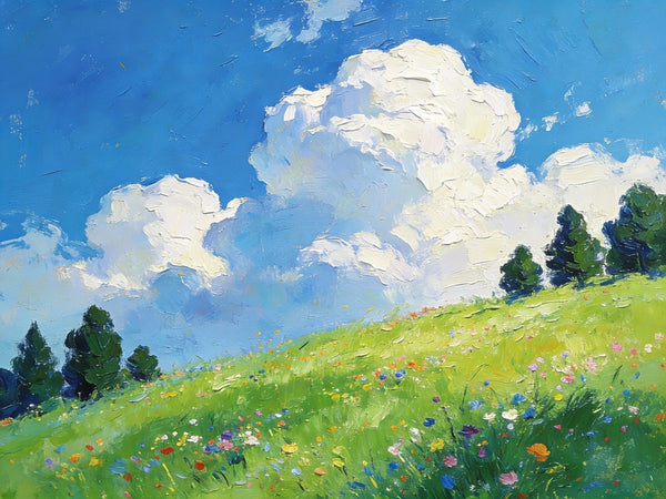 Beneath a Sky of Clouds, a Hillside in Bloom, Small Paintings on Canvas, Hand Painted Canvas Art, Small Landscape Paintings, Original Oil Paintings, Small Paintings As Birthday Gift-LargePaintingArt.com