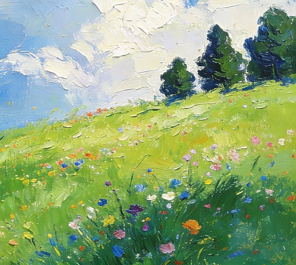 Beneath a Sky of Clouds, a Hillside in Bloom, Small Paintings on Canvas, Hand Painted Canvas Art, Small Landscape Paintings, Original Oil Paintings, Small Paintings As Birthday Gift-LargePaintingArt.com
