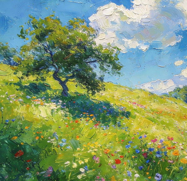 Lush Green Fields Under a Cloudy Sky, Small Oil Paintings on Canvas, Small Wall Paintings, Hand Painted Canvas Art, Heavy Texture Oil Paintings, Original Artwork Small Paintings-LargePaintingArt.com