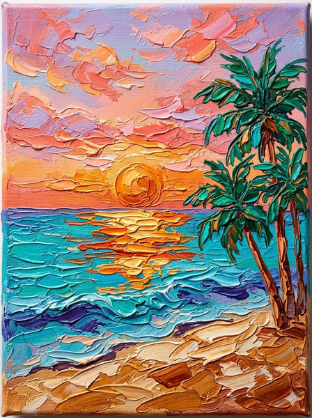 Hand Painted Canvas Art, Small Art on Canvas, Seashore Palm Tree Sunset Painting, Original Acrylic Paintings, Impasto Artwork, Heavy Texture Painting, Original Lanscape Art