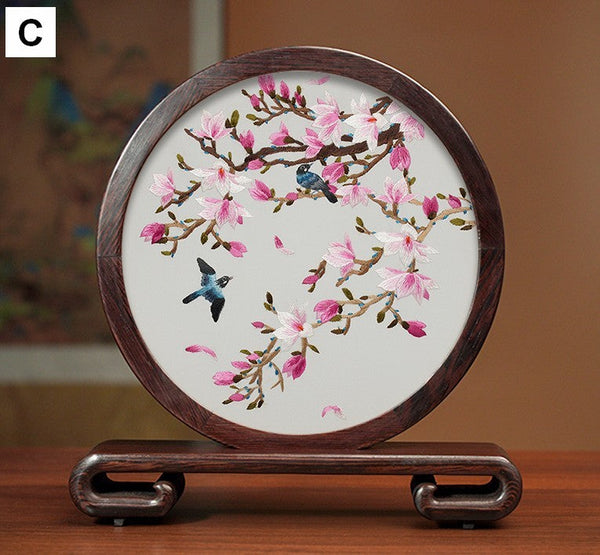 Creative Birthday Gift, Flower and Birds Embroidery Ornaments, Traditional Chinese Suzhou Silk Embroidered Ornament, Premium Souvenir, Exclusive Business Presents-LargePaintingArt.com