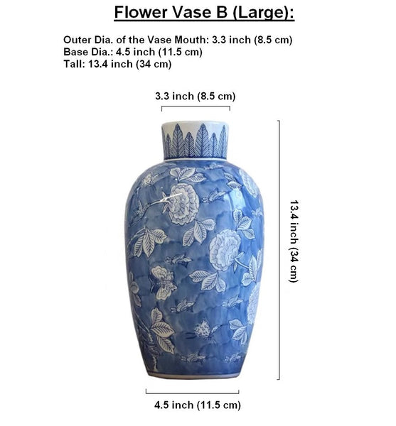 Large Flower Vases on Dining Table, Blue Porcelain Flower Vases, Centerpiece Ceramic Bouquet Vases, Handmade Modern Flower Vase-LargePaintingArt.com