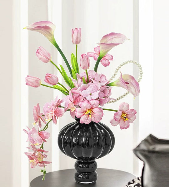 Black Glaze Vase, Contemporary Vases for Modern Home Decor, Black Glass Bud Vases, Handmade Liuli Vases, Centerpiece Vases on Table-LargePaintingArt.com