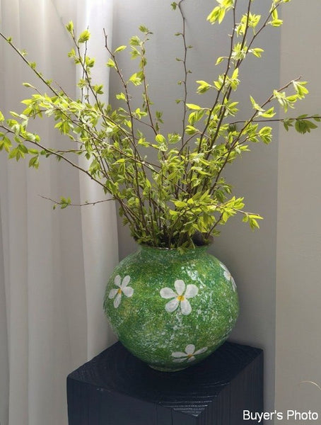 Centerpiece on Dining Table, Handmade Water Holding Flower Vases, Modern Pottery Flower Vases, Pottery Bud Vases, Large Green Flower Vases on Table-LargePaintingArt.com