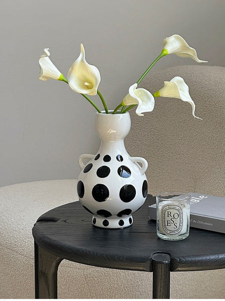 Ceramic Bud Vases, Small Flower Vases on Table, Black and White Polka Dot Flower Vase, Modern Porcelain Flower Vases, Handmade Water Holding Flower Vases-LargePaintingArt.com